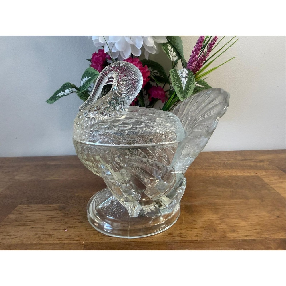 Vintage L.E. Smith Clear Glass Turkey Covered Dish Pedestal‎ Candy Bowl Fall